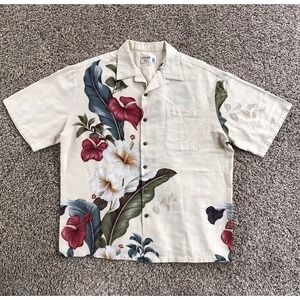 Vintage Iolani Hawaiian Button Up Shirt Men XL Beige Floral Hibiscus Loop Collar